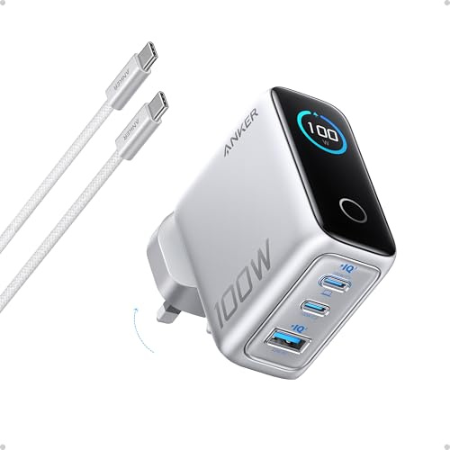 Anker 100W USB C Charger, 3-Port Fast Charger Plug, Ultra-Compact GaN Laptop Charger, Smart Display, Touch Control, for MacBook, iPad, iPhone 17/16/15 Series (Silver, USB-C Cable Included)