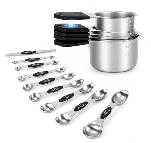 GoDyna Magnetic Measuring Cups & Spoons Set, 16-Piece Heavy Duty Stainless Steel Measuring Cups & Double-Sided Spoons with Leveler for Cooking & Baking