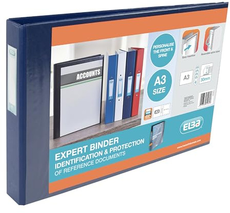 Elba A3 4 D-Ring Binder, PVC-Covered Presentation Folder with Customisable Cover, 55 mm Spine, 30 mm Capacity, Landscape, Blue, Single