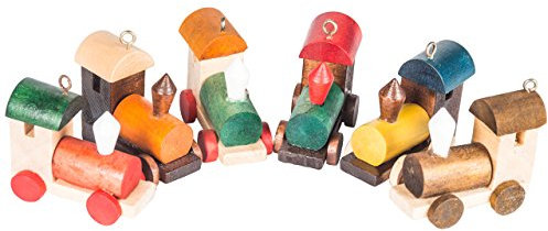 Christbaumschmuck, kleine Eisenbahnen, Holz bunt, handbemalt im Kunsthandwerks-Stil, 6 Stück