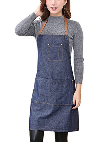 Aivtalk Kochbegeisterte Frauen Schürze Baumwolle Denim Kochschürze Küchenschürze Grillschürze Latzschürze Ärmellose Damen Schürze mit Taschen 71 * 65cm Denim Blau