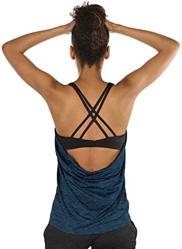 icyzone Damen Sport Yoga Top mit BH - 2 in 1 Fitness Shirt Cross Back Gym Sport Tank Top (M, Royal Blue)