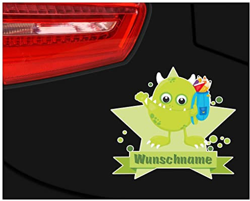 Samunshi® Grünes Schul-Monster Aufkleber mit Namen Autoaufkleber Namensaufkleber Kinder - 15x13,1cm mehrfarbig