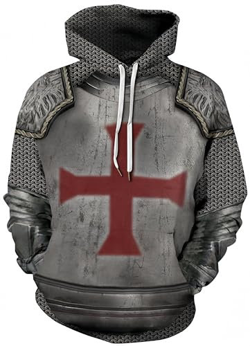Ocean Plus Herren Kapuzenpullover Lebensecht Grafik Hoodie mit Kängurutasche Pullover mit Kapuze Sweat Hood mit Kordelzug (XXL/3XL (Brustumfang: 126-146CM), Kreuz Kettenrüstung)