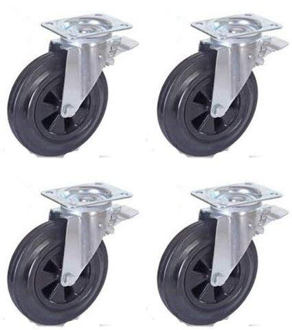 Parnells Heavy Duty Swivel Braked Castor, Set of 4, 200mm Black Rubber