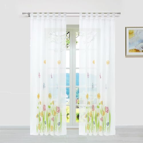 ESLIR Gardinen mit Schlaufen Vorhänge Gardinenschals Transparent Schlaufenschal Blumen Muster Voile Grün BxH 150x245cm 1 Stück