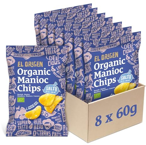 el origen Bio‑Maniok Chips mit Meersalz 8×60 g - vegan, glutenfrei, palmölfrei, direkt geerntet & produziert in Ecuador, extra crunchy, nur drei Zutaten: Maniok, Sonnenblumenöl