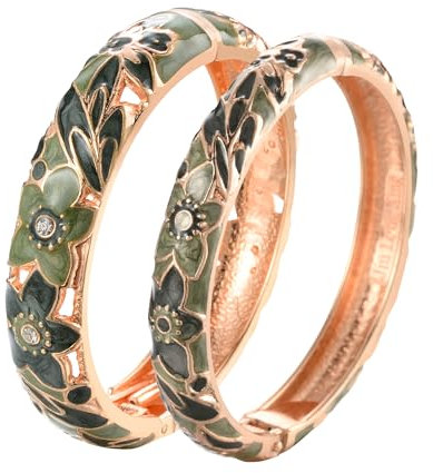 UJOY Roter EmailleArmreif für Frauen, handgefertigtes Armband für Damen, VintageKorallenSchmuck, Geschenk, Rot & Beige WeißgoldSchmuck, 2 Stück, RotgoldArmband, roter Schmuck, Blume & grünes
