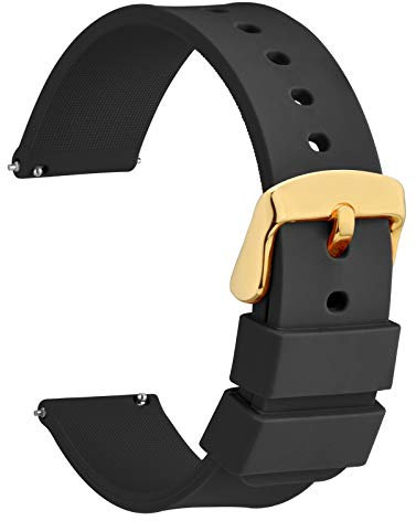 WOCCI 18mm Libération Rapide Bracelet de Montre Silicone avec Boucle Dorée (Noir)
