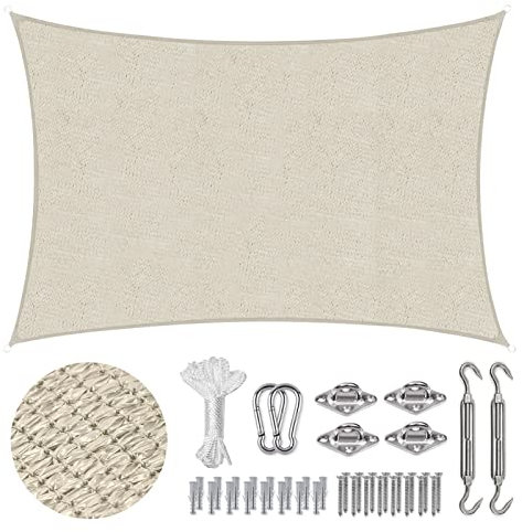 Sekey Sonnensegel 3x5m, Sonnenschutz, Rechteckig mit Edelstahl Befestigungs Kit, HDPE-Kunststoff, Winddicht Wasserdurchlässig UV-beständig Atmungsaktiv Reißfest, für Balkon Garten, Taupe