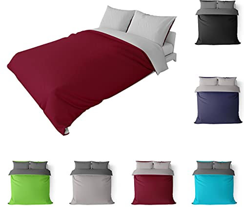 BaSaTex Bio Renforcé Bettwäsche und Kissenbezug | 100% Bio-Baumwolle | Reißverschluss | 135x200 + 80x80 cm |Uni Silber-Grau/Bordeaux-Rot