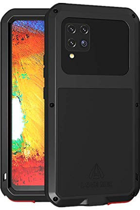 LOVE MEI Samsung Galaxy A42 5G Hülle, Heavy Duty Rüstung Tank Stoßfest Staubdicht Case Hybride Aluminium Metall + Silikon Cover with Gehärtetes Glas für Samsung Galaxy A42 5G (Schwarz)