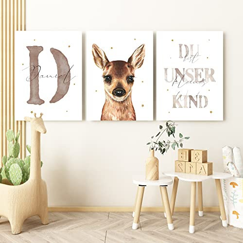 Pandawal Kinderzimmer Bilder mit Spruch und Name Baby Waldtiere Sterne 3er Poster- Set für Mädchen Junge Wandbilder