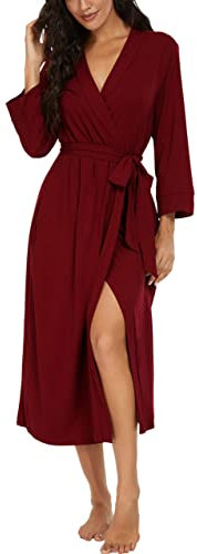 PrinStory Women Kimono Robes Long Knit Bathrobe Soft Womens Dressing Gowns V-Neck Sleepwear Casual Ladies Loungewear (Wine Red, XXL)