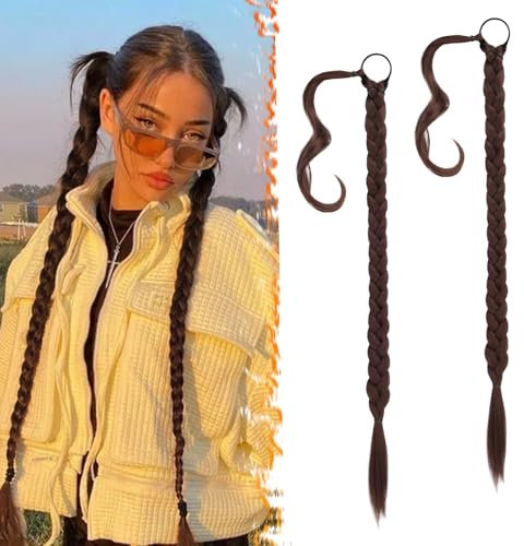 BARSDAR 76cm 2PCS Langes geflochtenes Pferdeschwanz-Verlängerungsgummiband, gerade umwickelter Zopf, Haarverlängerungen, Pferdeschwanz, DIY, natürliches, weiches, synthetisches Haarteil für Frauen