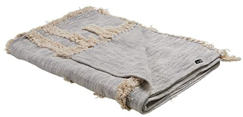Kuscheldecke Baumwolle grau mit Muster beige Quasten 130 x 180 cm Boho Hospet