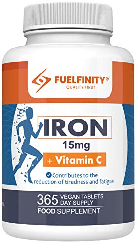 Gentle Iron Tablets high Strength 15mg + VIT C | 365 Days Supply | Tiredness and Fatigue Reduction | high Absorption Iron Supplements for Women & Men | Vegan | FuelFinity® Superlative Quality (1 Pack)