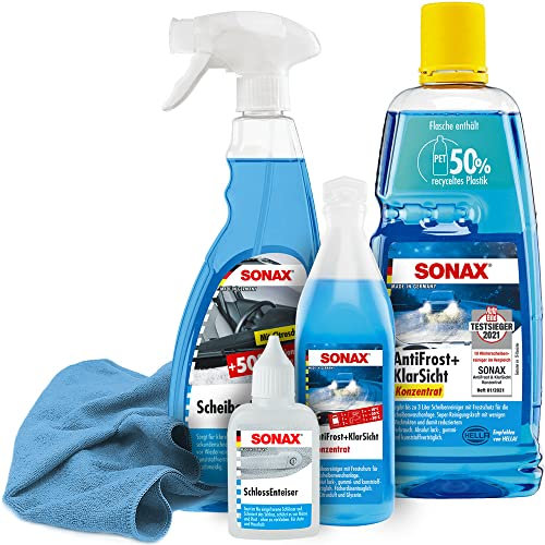 detailzone Auto Winterset 5-teilig SONAX Scheibenenteiser, Schlossenteiser, 2X Antifrost Konzentrat Mikrofasertuch - hochwertige Autopflege für die kalte Jahreszeit