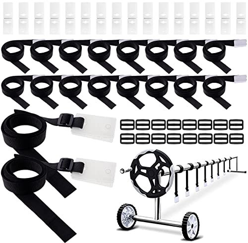 Treela 48 Pcs Pool Solar Cover Reel Attachment Straps Kit Solar Cover Reel Straps Solar Blanket Straps Kit for Inground Swimming Pool Including 16 Straps with Tabs, 16 Cord Plates, 16 Buckles