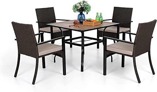 PHIVILLA 5-teiliges Gartentisch und Rattan Stühle Gartenmöbel Set Terrassenmöbel für 4 Personen Balkonmöbel Wetterfest, 94cm Quadratischer Gartentisch mit 4 Gartenstühle für Balkon,Deck,Hof
