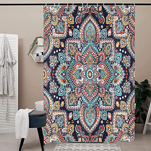 Hnmdmyi Duschvorhang Boho Blumen 180x200, Bohemian Buntes Paisely Mandala Blume Ethnisch Vintage Geometrisches Muster Badewanne Vorhang Wasserdicht Polyester Stoff Waschbar Badevorhang mit Haken
