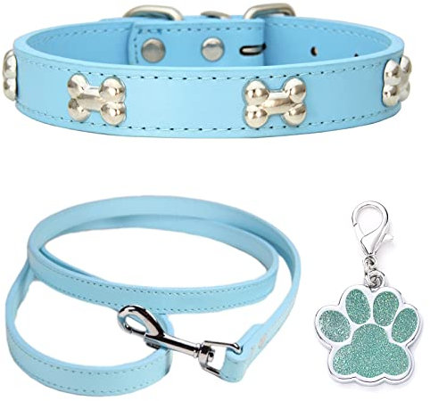 HALFSUMO Hundehalsband Leder Halsband Hundeleine Combo Set Hundehalsbänder Verstellbares Welpenhalsband für Kleine Mittelgroße Hunde Katzen Azurblau XS