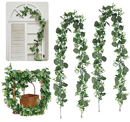 2 Stück Künstliche Girlande Eukalyptus Girlande Eukalyptus Pflanze mit Weiß Blumen Eukalyptusblätter, 1,8m Künstlich Pflanze Blume Girlande Hängende Pflanzen Blumenrebe für Hochzeit Bogen Dekoration