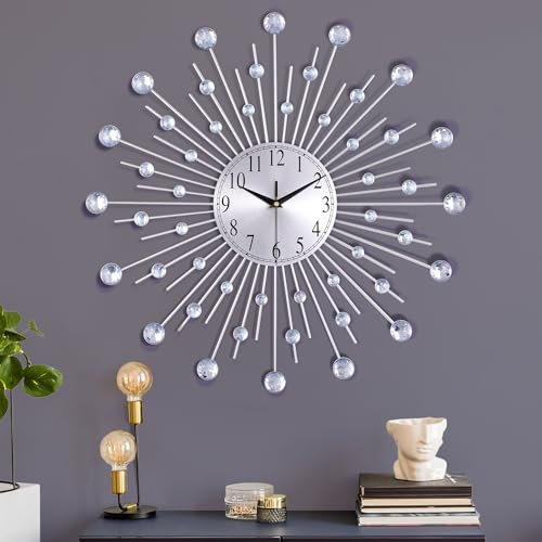 Lafocuse Horloge Murale Argenté Geante avec Strass, Metal Silencieuse Pendule Murale Moderne Nordic Décoration, Créative Design pour Salon Chambre Bar 56cm