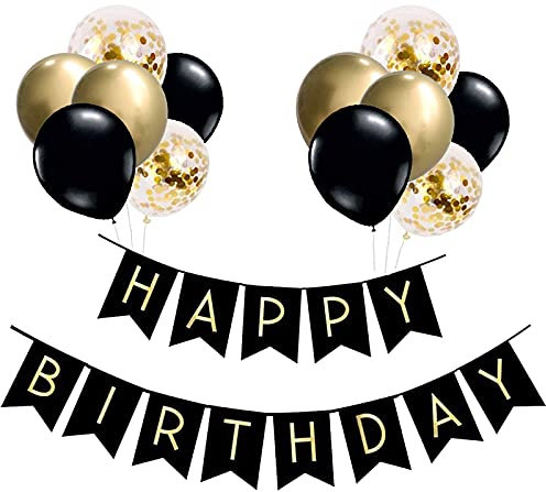 Luftballons Geburtstag Dekoration Set, Schwarz Gold Geburtstagsdeko Happy Birthday deko Banner Party Deko Geburtstag Set mit Schwarz Gold Luftballons Konfetti Ballons(GD)