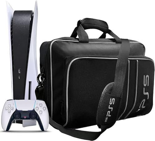 ZJRUI Tasche für PS5 Konsole, Tragetasche für PS5 Gaming Konsolen Disc/Digital Edition und Controller, Transporttasche kompatibel mit PS5 Controller/Spielkarten/HDMI und Zubehör - Schwarz-Weiß