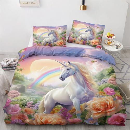 GEDAEUBA Winter Bettwäsche 155x220 Einhorn Kinder - Mädchen Bettbezug 155x220 3 teilig, Wendebettwäsche und Kissenbezug 80x80, Weiche & Angenehme & Warme Mikrofaser Bettwäsche-Sets mit Reißverschluss