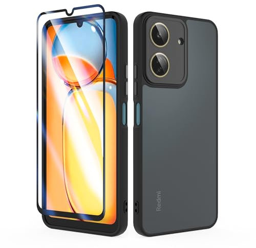 SMYTU Hülle für Xiaomi Redmi 13C 6,74 Zoll mit Schutzfolie und Kameraschutz,Handyhülle Durchscheinende Matt Schutzhülle Kratzfeste Case Cover - Schwarz