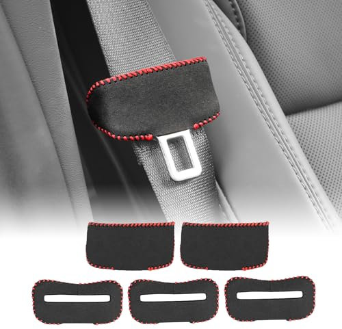 FDAIUN Auto Sitz GüRtel Schnalle Clip Für Tesla Model 3 2024 Alcantarn Sicherheit GüRtel Plug-In Sperren Zunge Sitz GüRtel Einsteller Staubdicht 5Stücks (alcantarn Rot Linie)