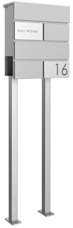 Briefkasten Manufaktur Design Standbriefkasten Kant Edition mit Zeitungsfach - Elegance 3 individuell mit Ihrem Namen & Hausnummer - 120cm Edelstahl-Ständer (RAL 9007 graualuminium)