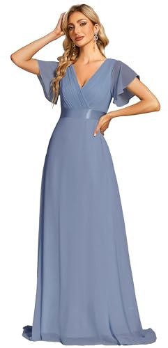 Ever-Pretty Women's Double V-Neck Short Flutter Sleeves Empire Waist Elegant Chiffon Long Evening Dresses Slate Blue 18UK