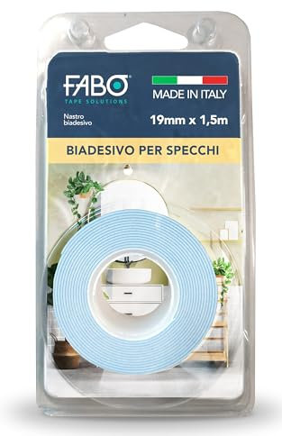 Nastro Biadesivo per Specchi e Accessori Bagno. Ottima adesione su superfici Liscie e Ruvide. Dimensioni prodotto: lunghezza 1,5 metri, larghezza 19mm. Temperatura Massima di esercizio +120°