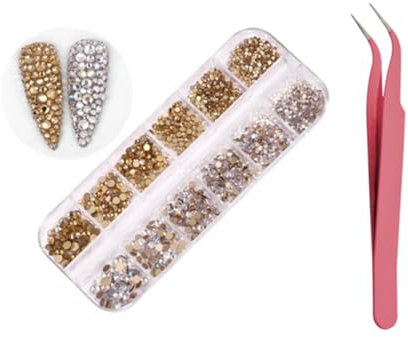 C Nail Rhinestones: 1440 Pcs Flat Back AB Crystal Rhinestones, 6 Sizes, Tweezer Included for Nail Art, Face & Eye Makeup, Craft
