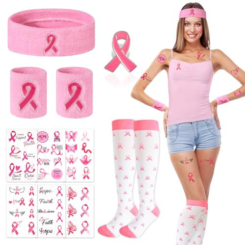 HOWAF Ruban Rose Cancer du Sein Octobre Rose Accessoires, Pins Octobre Rose Bandeau Cheveux Femme Poignets Bracelets Octobre Rose Chaussettes Tatouages Temporaires Ruban Octobre Rose Décoration