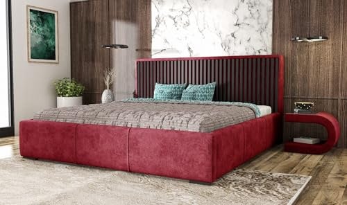 AGMAT-FURNITURE Polsterbett Wood mit Kopfteil, 180 x 200 cm, Doppelbett mit Bettkasten und Lattenrost aus Metall, Velourstoff: Rot