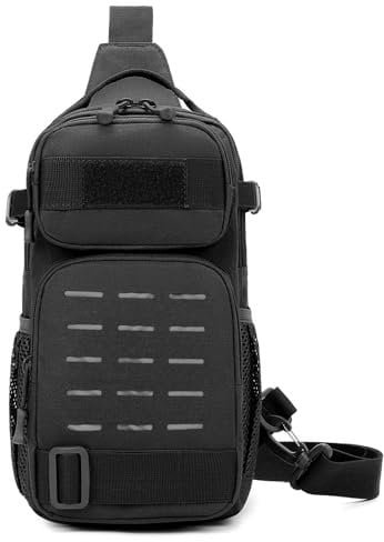 Explokit Tactical Military Chest Sling Bag Water Resistant MOLLE Shoulder Backpack Mens One Strap Casual Daypack with Water Bottle Holder (#03-Black)