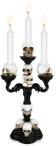 Schwarzer Totenkopf SHAIDOJIO Halloween Kerzenhalter mit 3 Armen Gothic Harz Statue Totenkopf Kerzenhalter Schwarz Familie Küche Tisch Schlafzimmer Wohnzimmer