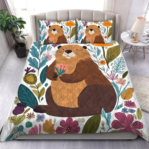 365CUSGIFTS Beaver Duvet Cover Sets by Symphique Team Bedding Set 3pcs,Beaver Comforter Set Quilt Cover Microfiber Polyester Comforter Cover with 2 Pillow Case