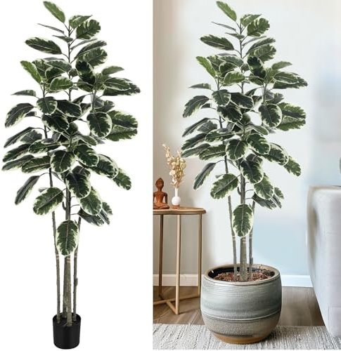 Jexine 2 Pack Artificial Rubber Tree Plants Indoor 6 ft Tall Faux Potted Ficus Tree Fake Tree Large Faux Rubber Tree Artificial House Floor Plant Artificial Plants for Indoor Outdoor Home Office Decor