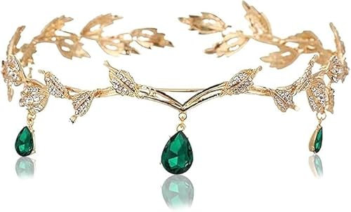 Yuqilin Prinzessin Crystal Crown,Göttin Tiara Elfenkrone Elfen Kopfschmuck Blatt Crystal Crown Elfe Cosplay Fee Kostüm Damen Haarreif Diadem,für Cosplay Renaissance Braut Brautjungfern（Grün）