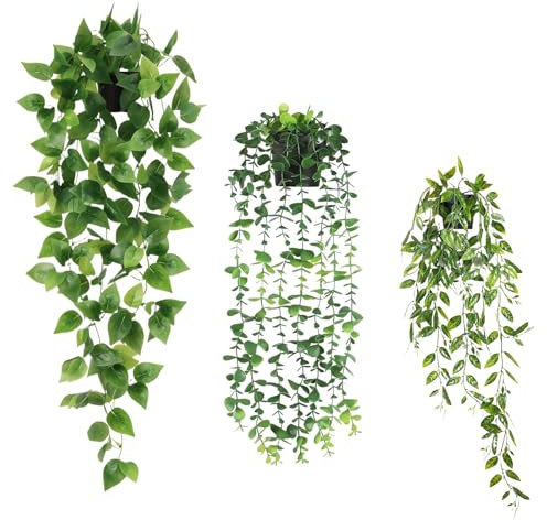 Zykphao Artificial Hanging Plant, 3 Pack Fake Hanging Plants with Pot, Greenery Faux Fake Ivy Decor, Fake Ivy Potted Plants for Indoor Bathroom Bedroom Office Kitchen Shelf Wall Desk Decor