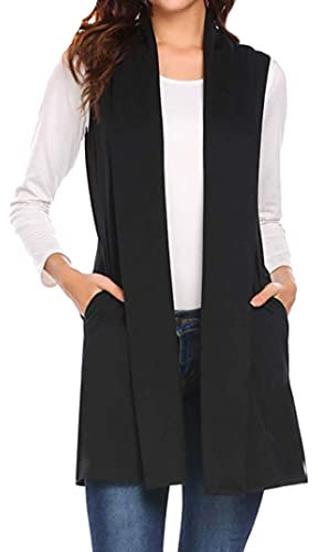 EFOFEI Donna Gilet Lungo Leggero con Tasca Colore Solido Cardigan Casual Senza Maniche Giacca Spolverino Nero XXL
