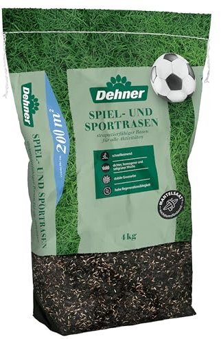 Dehner Saatgut Spielrasen/Sportrasen, hochwertige Rasensamen für strapazierfähigen/dichten Rasen, schnell keimend/pflegeleicht, ideal für Familiengärten & Spielflächen, 4 kg für ca. 200 m²