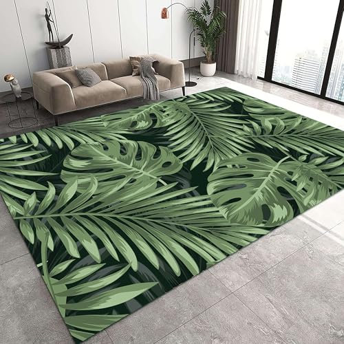 Tapis de sol motif feuilles de palmier de la jungle - 70 x 140 cm - Motif plantes tropicales - Lavable en machine - Style naturel - Dos antidérapant - Léger et doux - Pour jardin et chambre à coucher
