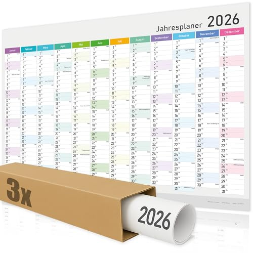 Jahresplaner, Wandkalender 2026 groß (84 x 59 cm) GEROLLT in Poster Größe. Querformat, GEROLLT - Kalender 2026 Wandkalender