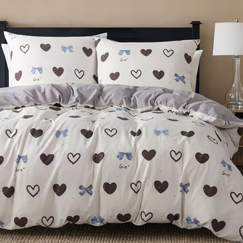 R.SHARE Bettwäsche Set 3teilig, 1 Bettbezug 200 x 200 mit 2 Kissenbezüge 80x80 cm, Kuschel Bettwäsche Schleifen Muster mit Reißverschluss ÖKO-TEX Bedding, Herz Schleife